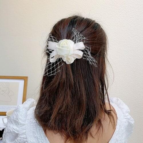 White Rose Elastic Hair Band Women Fashion Satin Flower Silk Bow Hair Accessories Band Mesh Yarn Headwear Hair Ties Wholesale