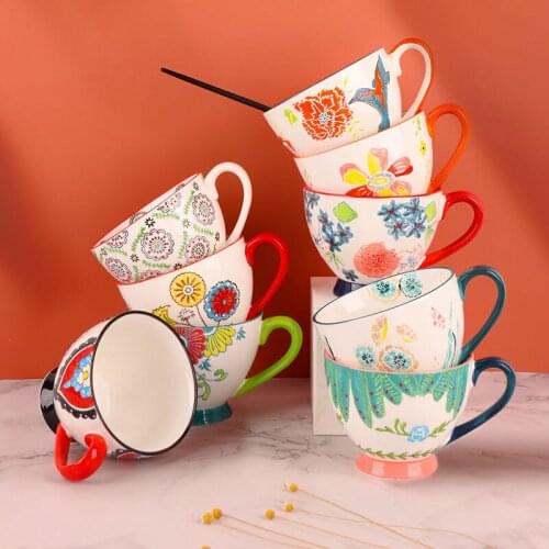 European Hand Painted Ceramic Mug Coffee Cup Breakfast Cup Milk Oatmeal Mug Big Tripe Cup 450ml Large Capacity Water Cup