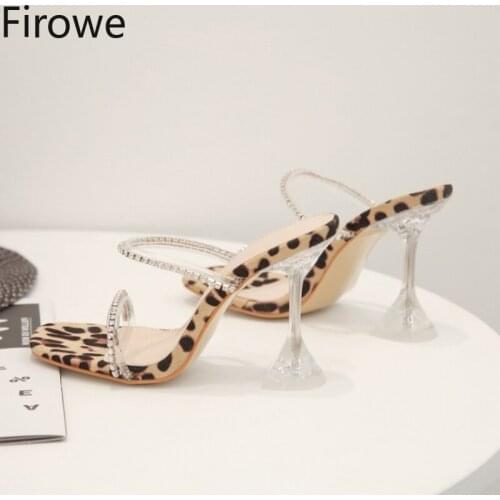 Firowe Women New Fashion Rhinestone Leopard Simple Crystal Heel Square Toe Stiletto Heel Sandals Large Size Slipper Shoes slides