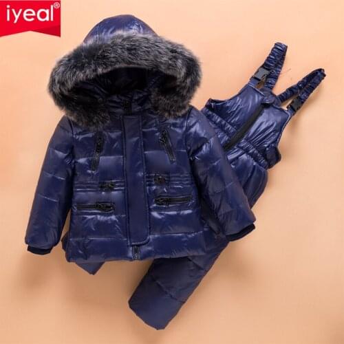 IYEAL -30 Degree Winter Kids Clothing Sets Big Fur Hooded Down Coat + Overalls Children Warm Snowsuit For Girls & Boys 2-5 Years