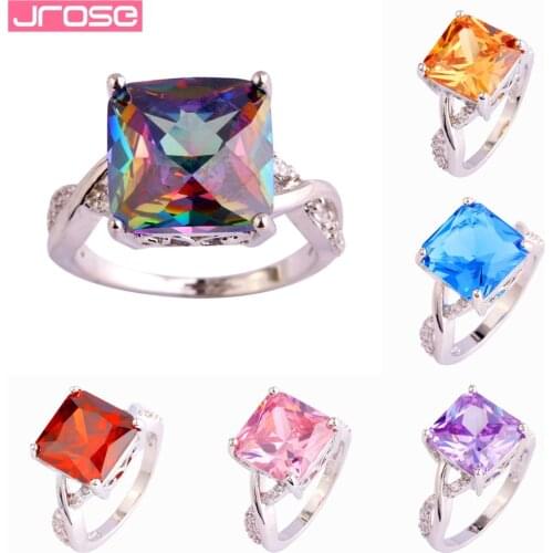 JROSE Wholesale Gorgeous Fashion Princess Cut Multicolor & Pink & Blue & Red Stone Silver Ring Size 6-10 Womens Jewelry Gifts