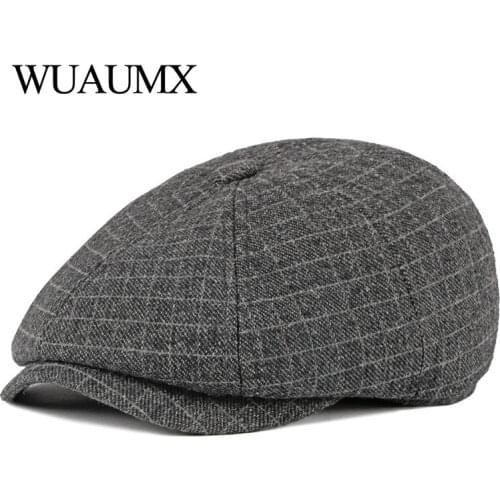 Wuaumx Autumn Winter Newsboy Caps Men Octagonal Hats Painters Hats Plaid Berets Earflaps British Herringbone Flat Caps gavroche