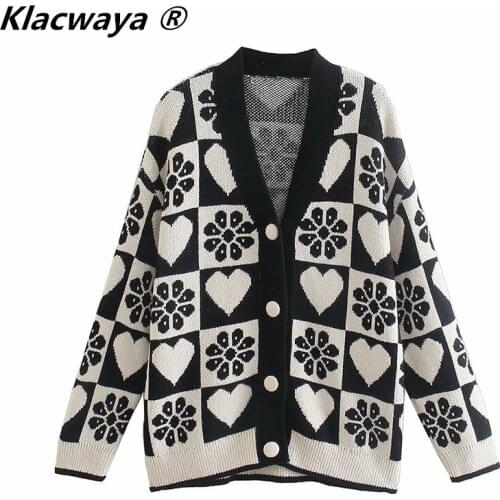 Klacwaya 2021 Women Fashion Jacquard Cardigan Sweater Vintage Long Sleeve Covered Buttons Female Loose Knit Outerwear Chic Top