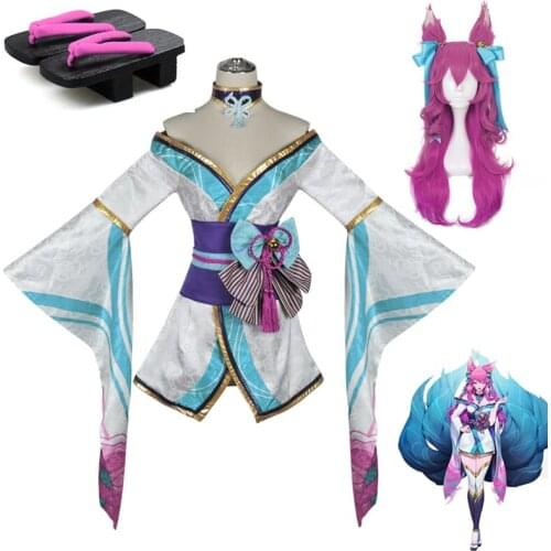 LOL Ahri Spirit Blossom Ahri Cosplay Costume League Of Legends Ahri Dresses Wig With Ears Headwear Shoes Costume For Women CS379