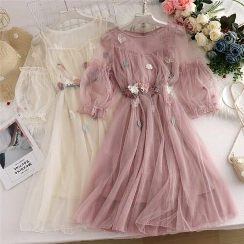 Two-Piece Suit Sweet Floral Butterfly Lace Dress 2021 Summer Women Lantern Sleeve Mesh Dress Female Long A-Line Dresses Vestidos