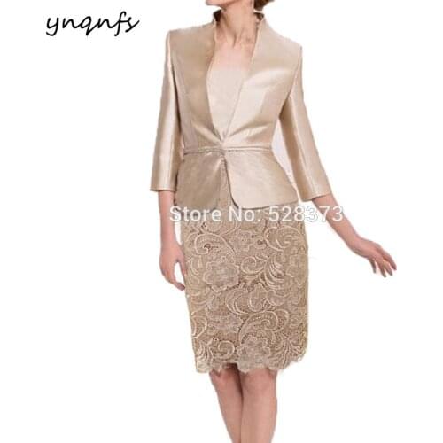 Champagne Lace Satin Two Piece Mother of the Bride Dresses 3/4 Sleeve Jacket Bolero Outfits Party Gown Short bride Mother dress