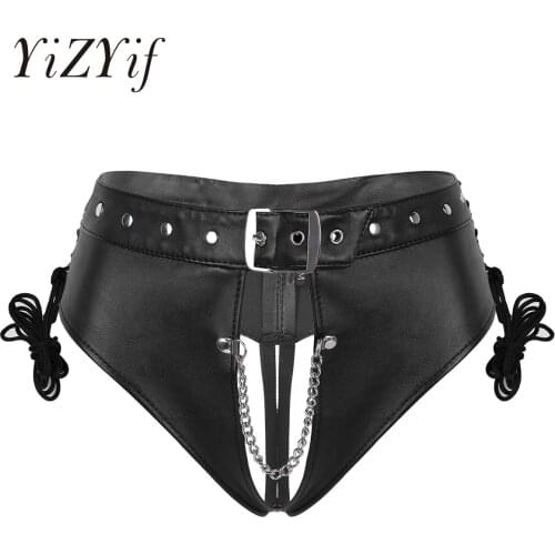 #M-L Women PU Leather Crotchless Briefs Lingerie Underwear Punk Lace-up Underpants Nightclub Stage Performance Costume