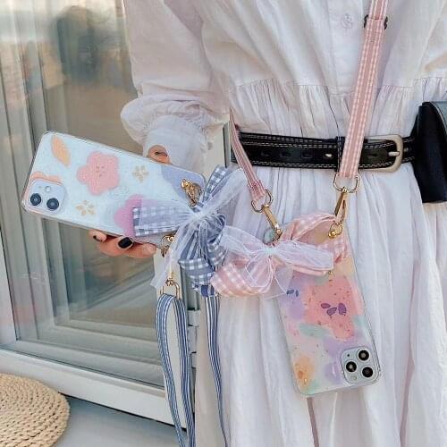 Fashion Girl Sweet Cute Lace Bowknot Bling Gold Foil Flower Messenger Bag Case Cover For Iphone 11 Pro XS Max XR X 8 7 6 6S Plus