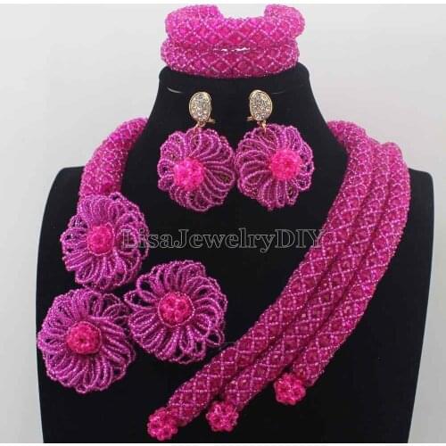Fashion Hot Pink Crystal Wedding African Beads Jewelry Sets Indian Handmade Jewelry Bridemaid Jewelry Sets Free Shipping HD8770