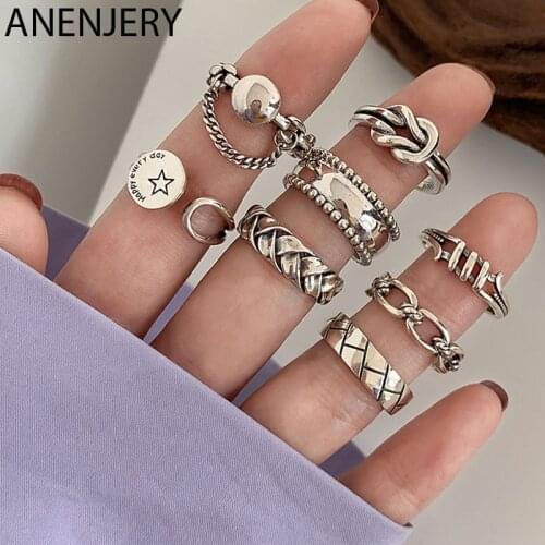 ANENJERY 925 Sterling Silver Combination Rings for Men Women Retro Personality Niche Chain Rings Party Jewelry Wholesale