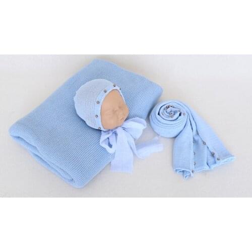 Photo Prop Set Knit Baby Swaddle Wrap Pearl Bonnet And Stretch Backdrop Blanket Newborn Photography Props