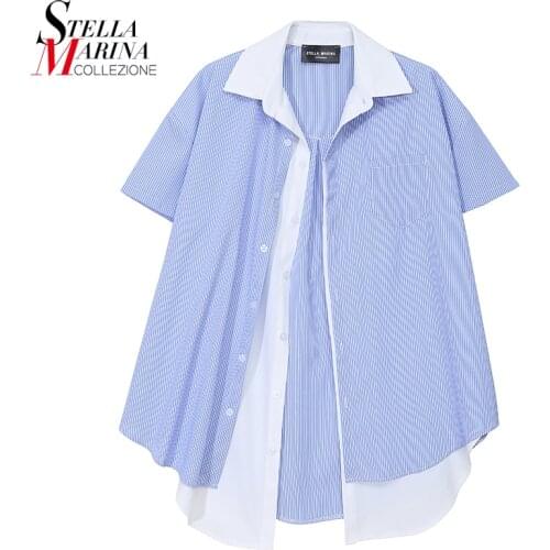 New Fake Two Pieces Woman Summer Blue Striped Blouses Short-Sleeve Casual Oversized Loose Shirt Style Unique chemise femme 8388