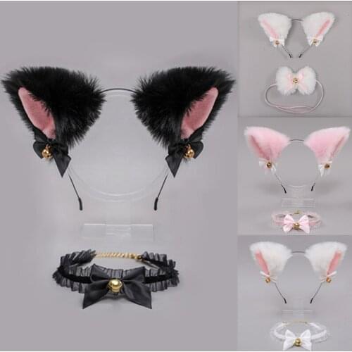 1Set Cat Ear Headband With Bells Necklace Plush Furry Cat Ears Headwear Fancy Dress Hairband Women Girls Party Cosplay Headwear