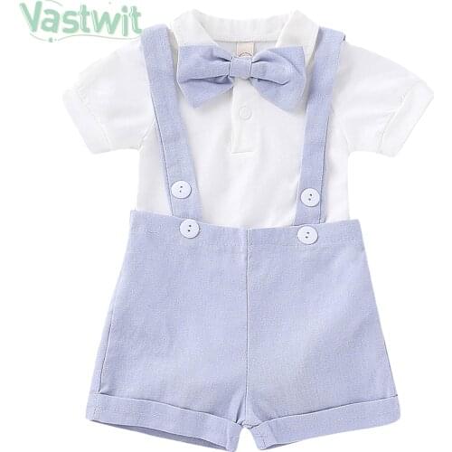 Newborn Baby Boy Clothes Set Formal Gentleman Suit Tuxedo Bow Tie Romper+Suspender Pants Overalls Infant Outfit Baptism Costume