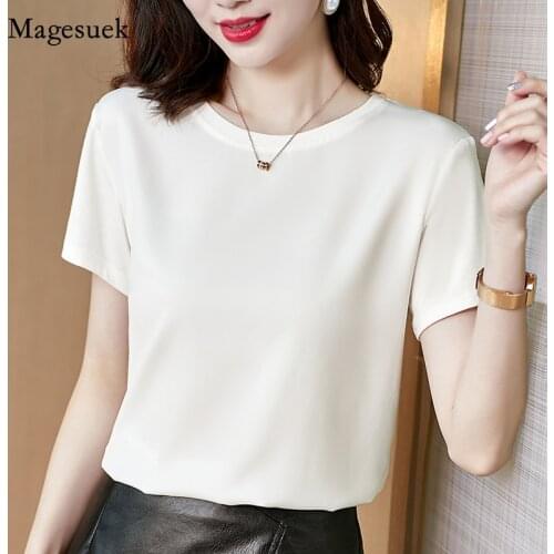 Solid Satin Summer Blouse Women Clothes New Short Sleeve Fashion Loose Blouses Women Casual O-Neck White Tee Shirt Tops 13378