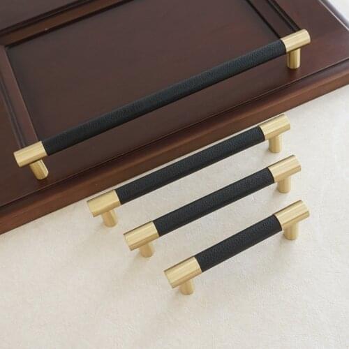 3.75" 5" 6.3" 8.8" 10" Copper Door Pull Handles Black Leather Drawer Handle Gold Furniture Cabinet Handles 96 128 160 224 256mm