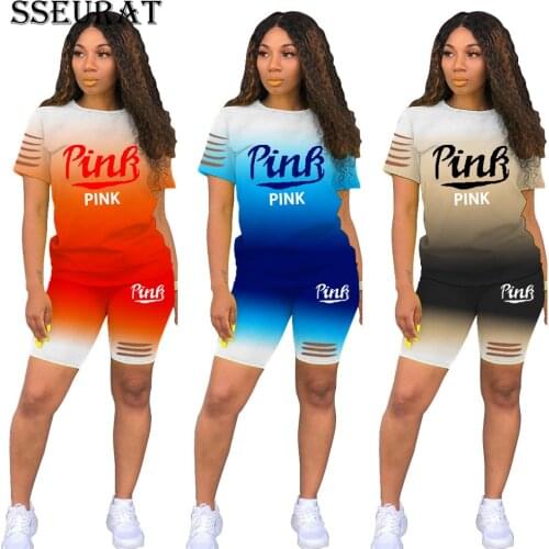 SSEURAT Pink Gradient Sweatsuit Womens Set T-shirt and Shorts Matching Set Sport Tracksuit Two Piece Set Fitness Outfit