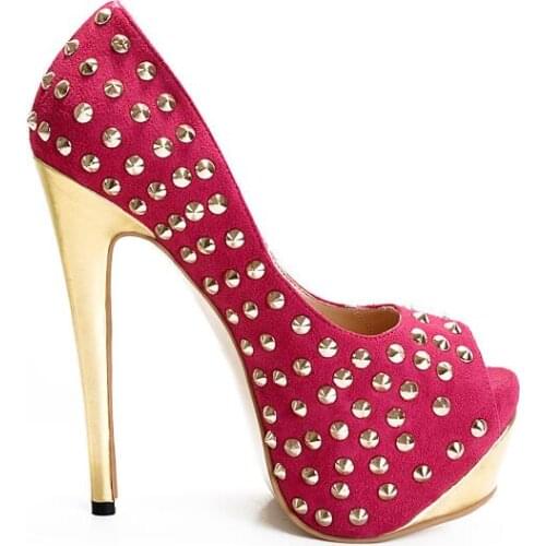 Dipsloot Woman Classic Hot Pink Peep Toe Rivets Pumps Female Big Size 46 Sexy Gold Stiletto Heels Party Night Club Shoes Lady