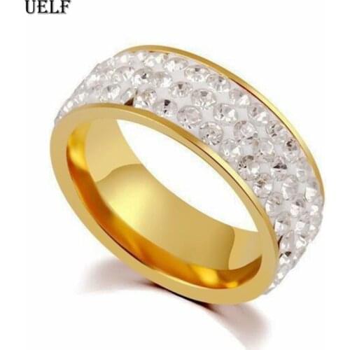 Uelf Fashion Gold Color Ring For Women Charm Classic Round Full Pave AAA Cubic Zircon Engagement Wedding Ring Band Jewelry