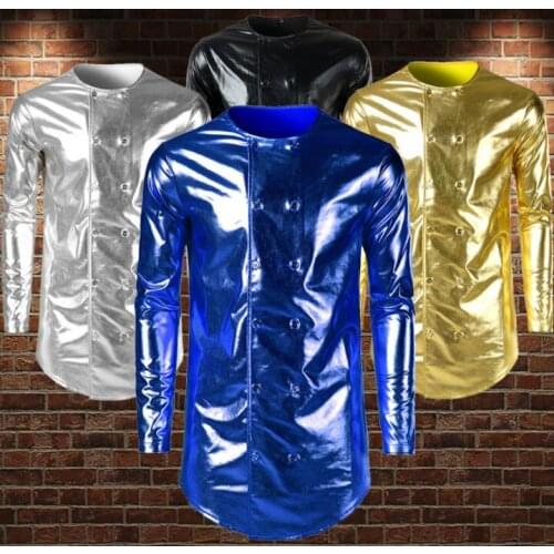 Bright bronzing shirt men long sleeve shirt teenage korean double-breasted shirt mens personality stage singer dance blue gold
