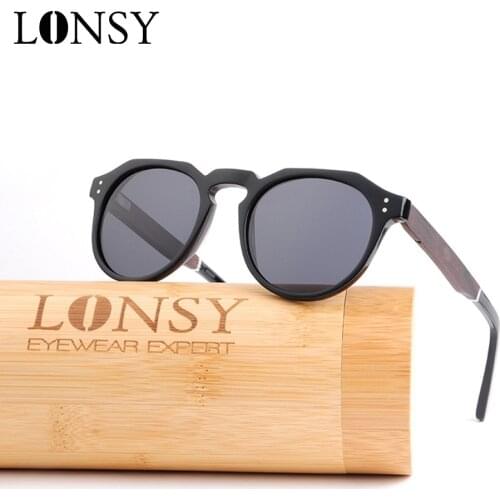 LONSY Vintage Acetate Wood Sunglasses Women Men Brand High Quality Round Classic Sun glasses Polarized Lens UV400