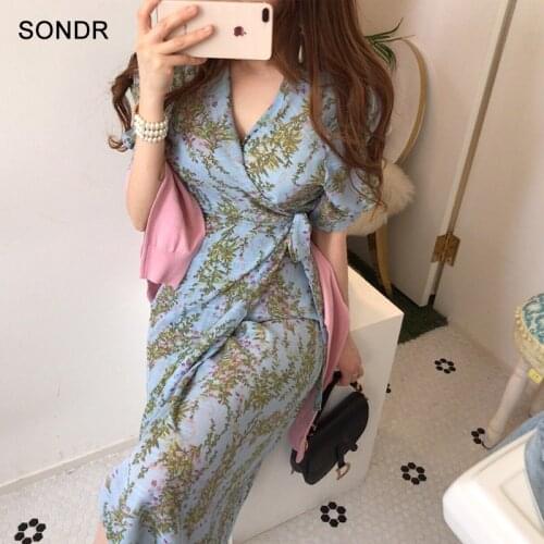 WomenS Sweet Dresses 2020 Summer Chiffon Dresses V-Neck Korean One-Piece Dress Retro printing Puff Sleeve Dresses Midi Dresses