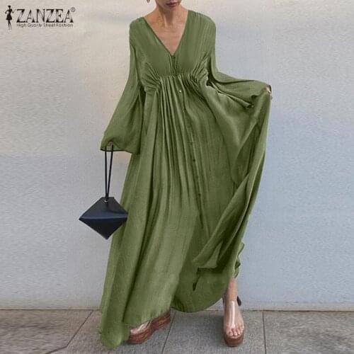 ZANZEA Women Spring Sundress 2021 Elegant Shirt Dress Female V neck Long Sleeve Solid Maxi Vestidos Casual Femme Robe Oversized