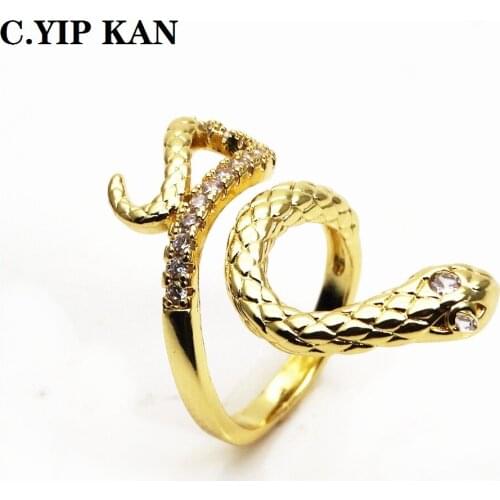 Adjustable size open crystal womens ring with micro - inlaid zircon color snake fashion girl party jewelry gift ring width 28mm
