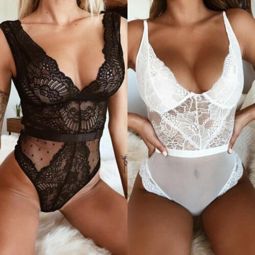 Summer lace bodysuit female floral embroidery deep v-neck sexy bodysuit dot patchwork jumpsuit 2019 femlae body