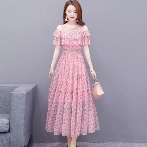 Summer Floral Print Ruffle Chiffon Dress Women Plus Size 4XL Elegant Off Shoulder Mesh A-Line Dress New Casual Beach Party Dress