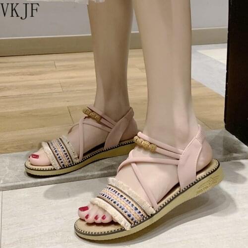 2021 Bohemia Vintage Fringe Cross Strap Gladiator Sandals Women Mix Color Rivet Flat Sandals Woman Open Toe String Bead Shoes