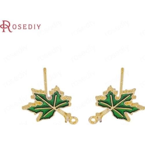 40520)4PCS 13x9MM Hole 1MM 24K Gold Color Brass Maple leaf Stud Earrings Pins Jewelry Making Supplies Diy Findings Accessories
