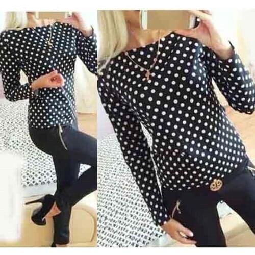 2019 New Arrival Women Tops Casual O-Neck Long Sleeves Blouses Spring Summer Chiffon Polka Dots Shirt