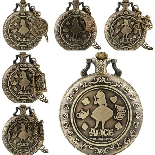 Retro Alice in Wonderland Theme Bronze Lovely Princess Quartz Pocket Watches Rabbit Carousel Vintage Fob Watches with Accessory