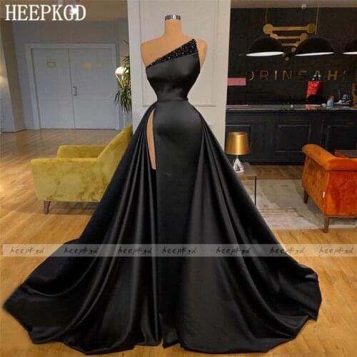 Black Formal Evening Dress With High Slit Crystals Satin Strapless Sexy Special Occasion Dresses For Women Plus Size Prom Gown