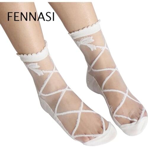 FENNASI Harajuku Women Cute Sock Fashion Sexy Ankle Socks Black white Socks for female transparent nylon short socks silk sock