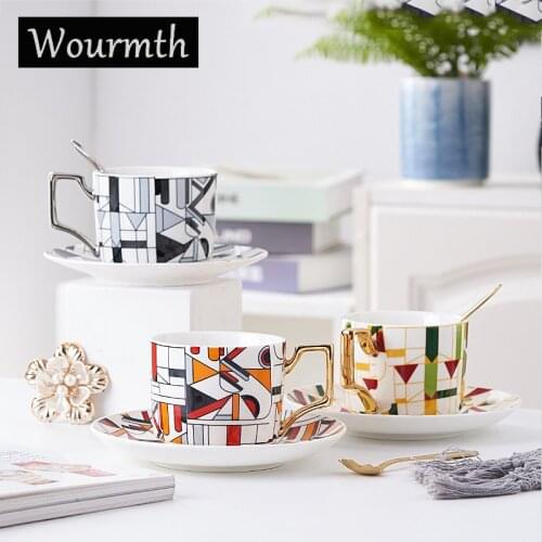 Wourmth Geometric Mug Coffee Cup Hand Painted Gold Creative Afternoon Tea Cup and Saucer Set Light luxury Ceramic Cups Drinkware