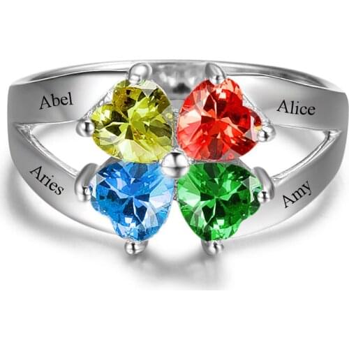 925 Sterling Silver Personalized Mother Rings with 4 Heart Birthstones Four Leaf Shaped Engraved Name Rings for Grandma Mom Gift