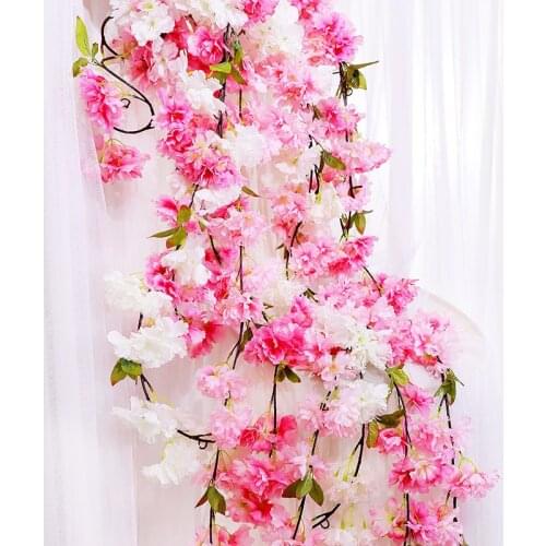 177cm Artificial Cherry blossom Flower Wall Decorative Silk Wisteria vine Sakura Hanging Garland For Wedding Hotel Outdoor Decor