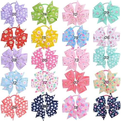 Cute Floral Print Grossgrain Ribbon Elastic Loop for Princess Girls Ponytail Holder Kids Elastic Hairbands Hair Ties Accessories