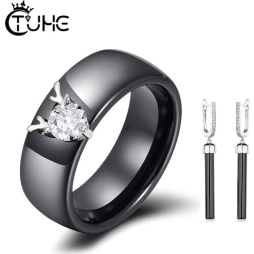 Lovely Antlers Crystal 8mm Ceramic Ring Long Drop Earrings For Women Girls Wedding Engagement Jewelry Never Fade Real Ceramic