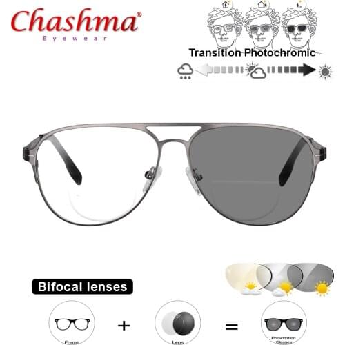 Transition Sunglasses Photochromic Bifocal Reading Glasses Men Optical Hyperopia Metal Frame Aviation glasses UV400