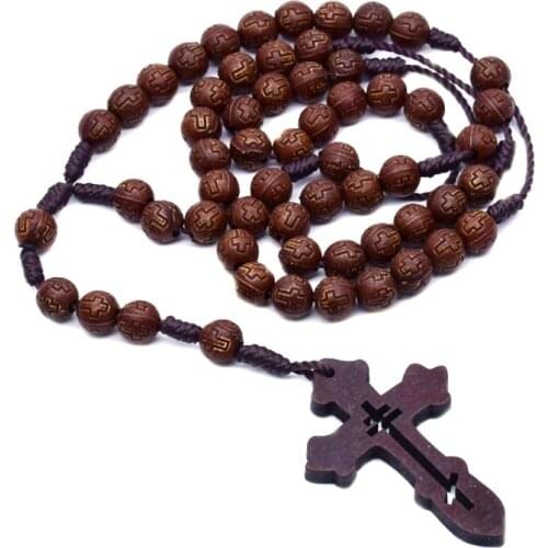 M17D Handmade Men Cross Catholic Rosary Beads Pendant Necklace Religious Chain Vintage Jewelry Charm Gift