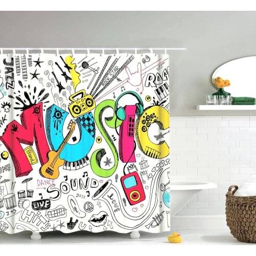 Dafield Musical Shower Curtain Polyester Fabric Bathroom Decorative Music Notes Waterproof Set with Hooks