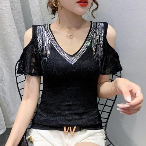 2020 Summer New Diamond Lace Lotus Leaf Sleeve Off Shoulder Lace t-shirt Fashion sexy v-neck women tops and shirt blusas