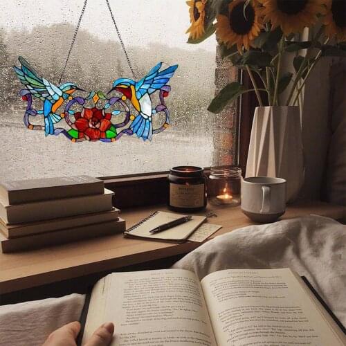 Hummingbird Hanging Ornament Stained Glass Window Panel for Wall Home Garden Backyard Patio Lawn Decoration