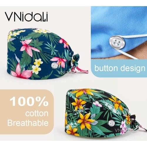 Work cap woman Pet Beauty Work Hat with Sweat-absorbent Adjustable Cartoon Print Cap 100%cotton Health Service Scrubs Wholesale