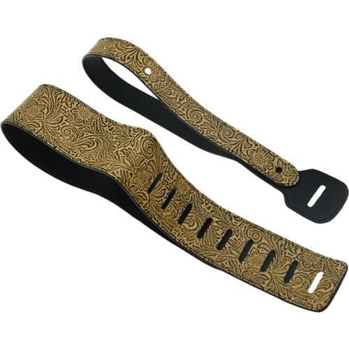 PU Leather Adjustable Acoustic Electric Guitar Bass Wide Strap Cream Flower Embossed Strap