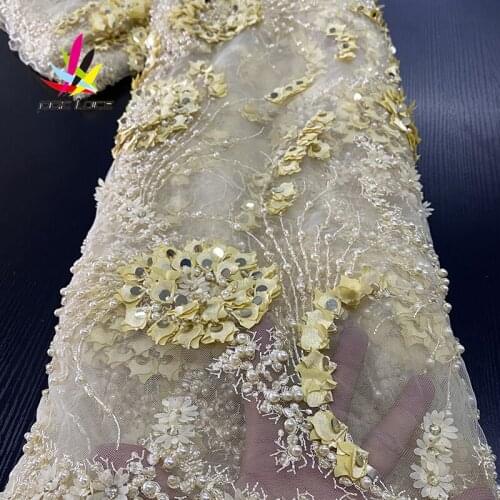 Hand Made Beaded Lace Fabric Embroidery Sequins Brown Color Elegant French Nigerian Latest Design Style High Quality New Style