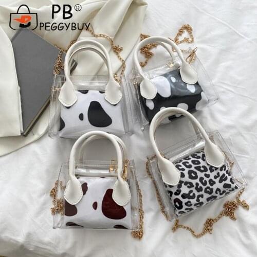Vintage Women Bags Cow Leopard Print Clear Shoulder Bag Casual Chain Crossbody Zipper Small Purse Vacation Travel Handbag